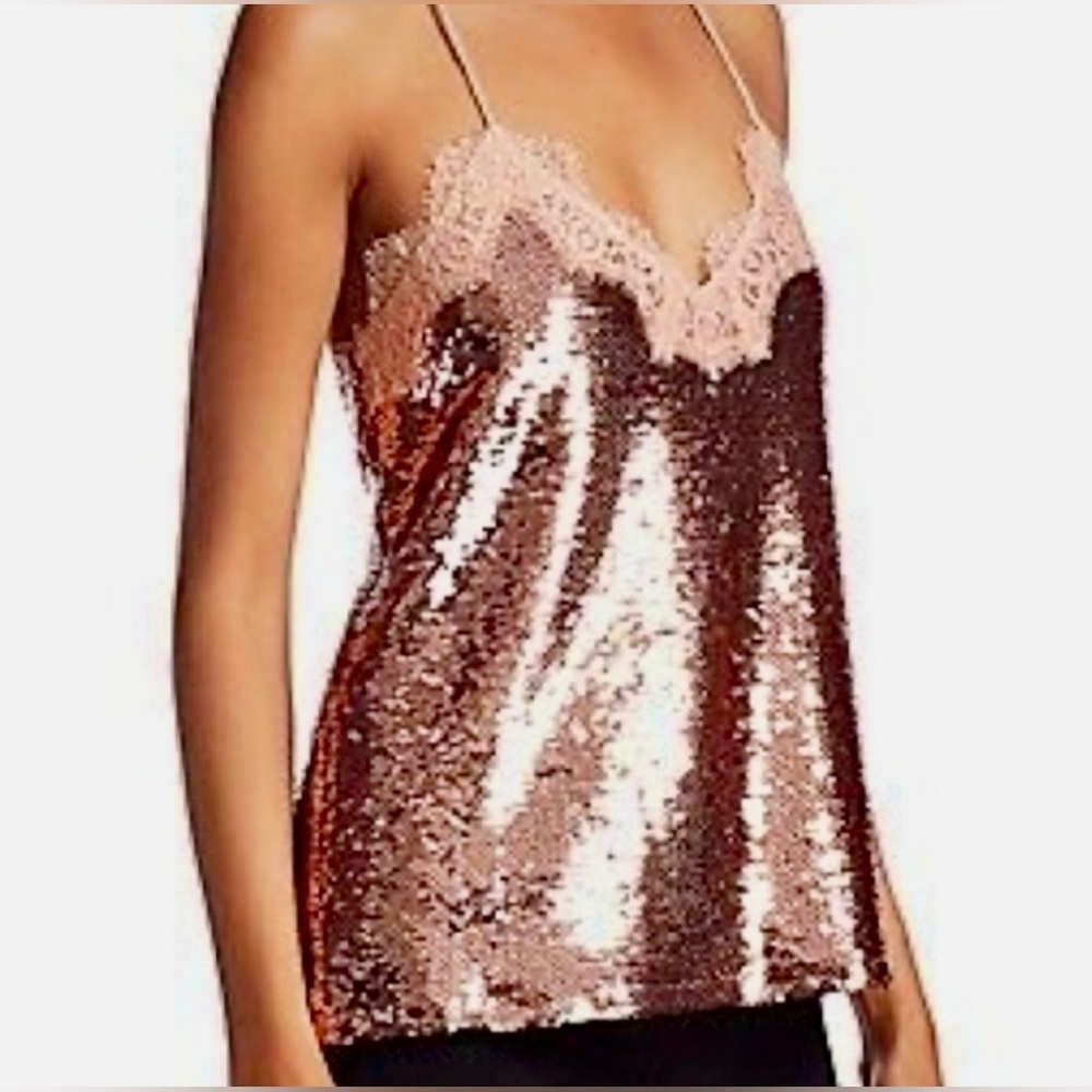 Nine West Rose Gold Sequin Cami Top with Eyelash Trim & Adjustable Straps, XS